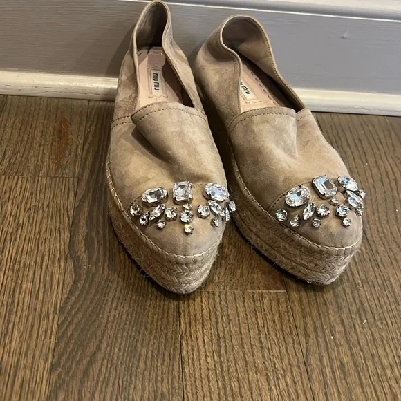 Miu Miu Beige Nubuck Embellished Platform Espadrilles Flats - Picture 1 of 11